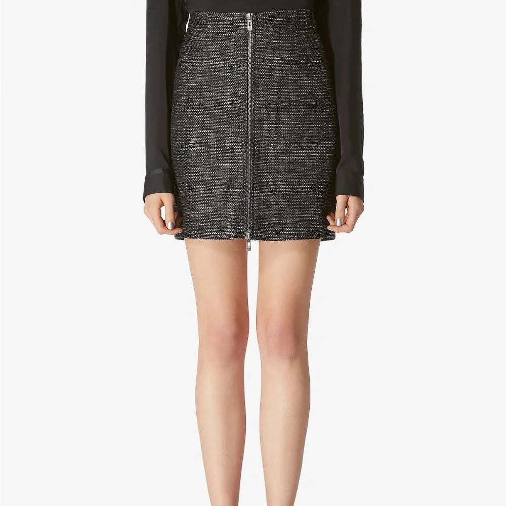 Avec Les Filles High-Waist Zip-Front Tweed Black & White Metallic Mini Skirt NWT